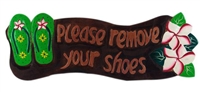 HAND PAINTED & HAND CARVED WOODEN PLEASE REMOVE SHOES SIGN - GREEN