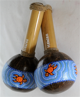 HAWAIIAN COCONUT MARACA SHAKER - TURTLE DESIGN - SET OF 2