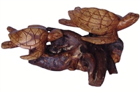 TWO HAND CARVED WOOD SEA TURTLES ON DRIFTWOOD BASE