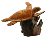 HAND CARVED WOOD SWIMMING SEA TURTLE ON DRIFTWOOD BASE