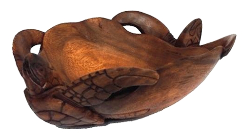 Zeckos Hand Carved Twin Sea Turtles Decorative Scallop Edge Wooden Bowl 