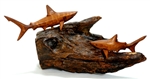 TWO HAND CARVED WOOD SHARKS ON DRIFTWOOD BASE