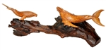 TWO HAND CARVED WOOD HUMPBACK WHALES ON DRIFTWOOD BASE