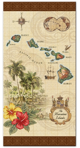 Hawaiian Islands Map Beach Towel Hawaii Hula Girl Turtle Tiki Cotton 59"x27" NIB 