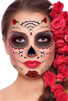 RED ROSES DAY OF THE DEAD SUGAR SKULL FULL FACE TEMPORARY TATTOO KIT - SET of 2