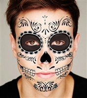 BLACK SKELETON DAY OF THE DEAD TEMPORARY FACE TATTOO KIT - SET of 2