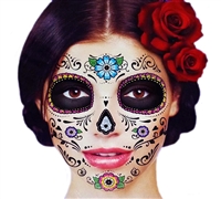GLITTER FLORAL DAY OF THE DEAD SUGAR SKULL FULL FACE TEMPORARY TATTOO KIT - SET of 2